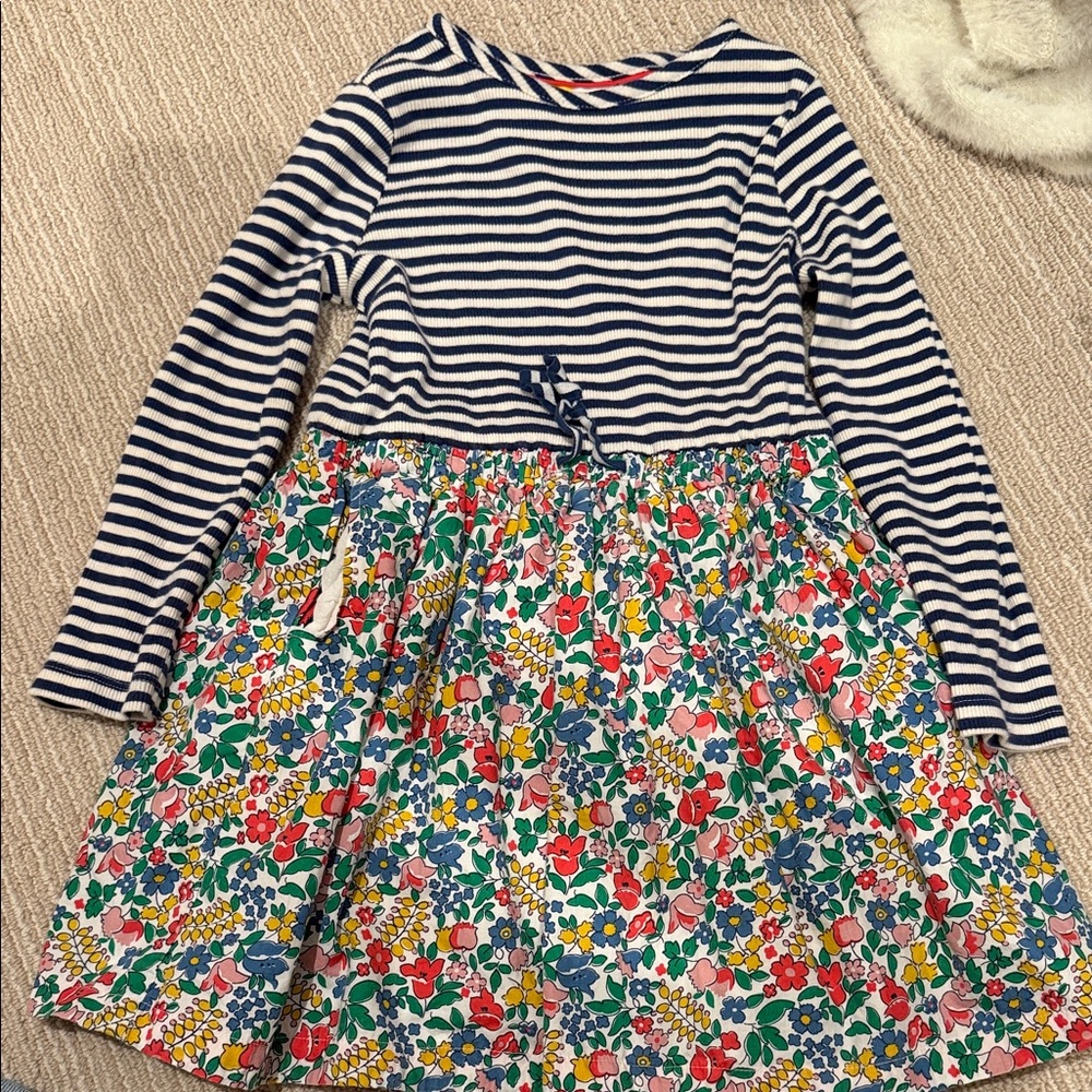 Mini Boden Girls Navy Stripe dress with Floral Skirt Dress